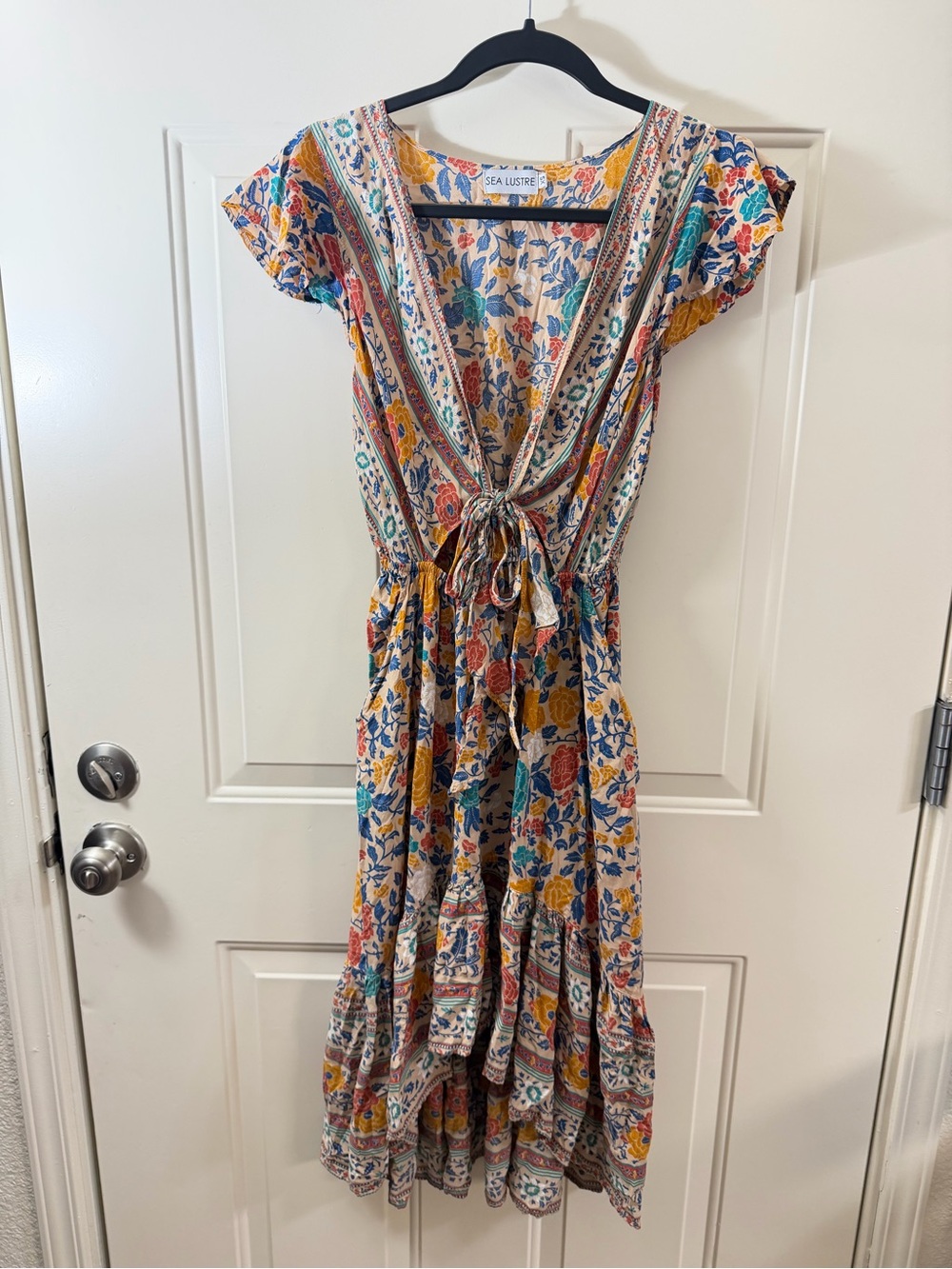Sea Lustre Floral Midi Dress Women’s CS Boho Tie Front Cottagecore Ruffle 0198